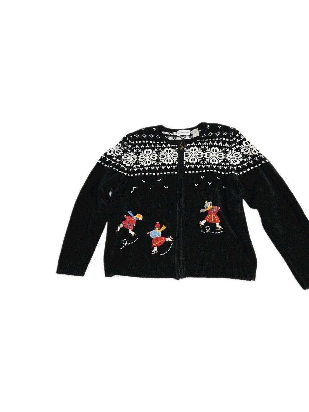 Christmas Sweater Women's L Fair Isle With Embroidered Skaters EC Full Zip...
